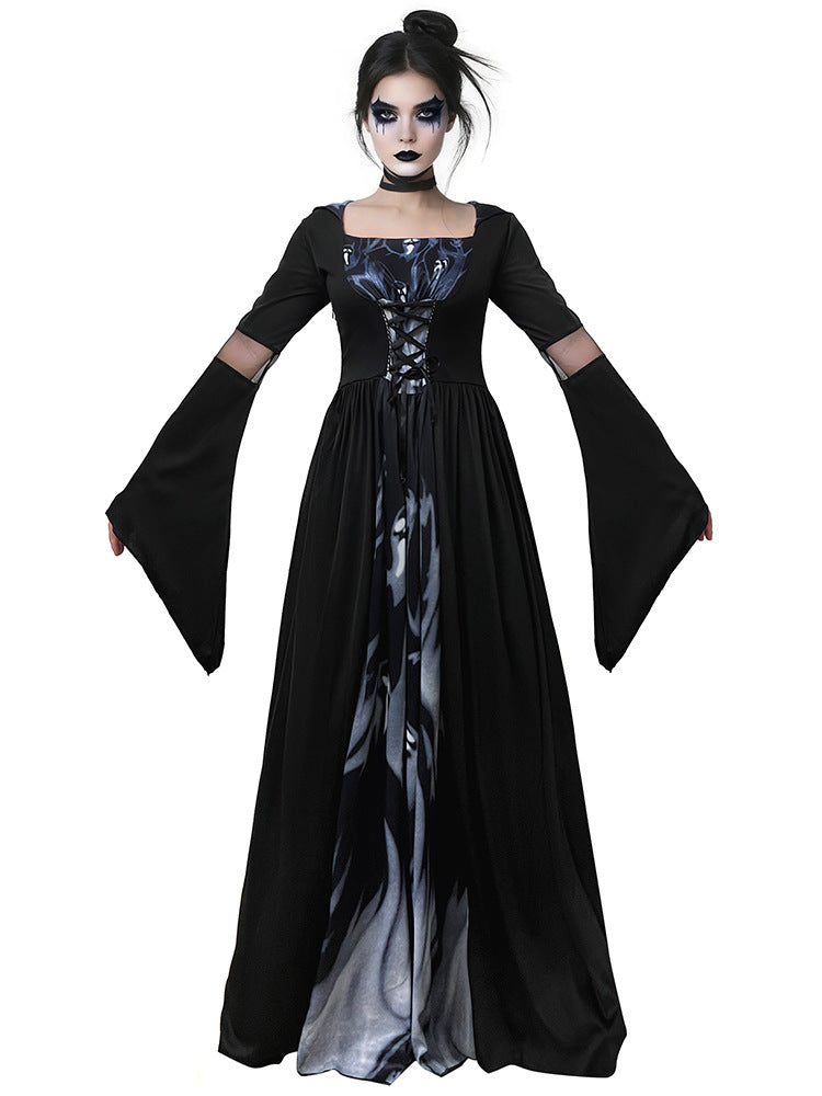 2026 New Halloween Witch Dress Hooded Skeleton Witch Magician Cosplay Stage Performance Costume