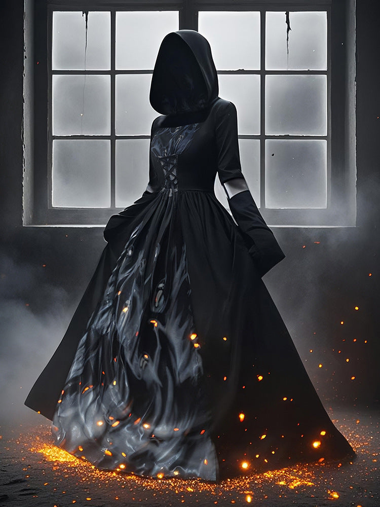 2026 New Halloween Witch Dress Hooded Skeleton Witch Magician Cosplay Stage Performance Costume
