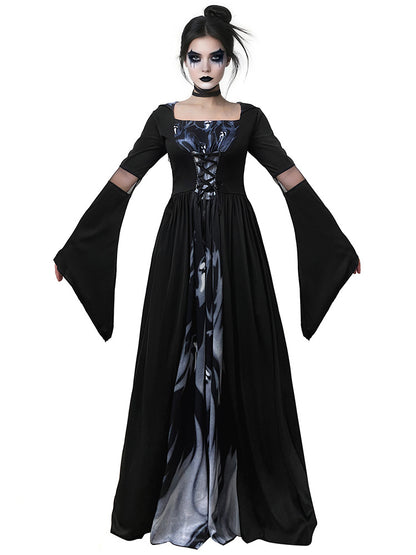 2026 New Halloween Witch Dress Hooded Skeleton Witch Magician Cosplay Stage Performance Costume