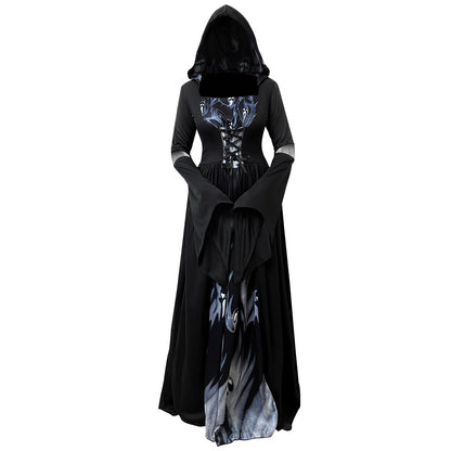 2026 New Halloween Witch Dress Hooded Skeleton Witch Magician Cosplay Stage Performance Costume