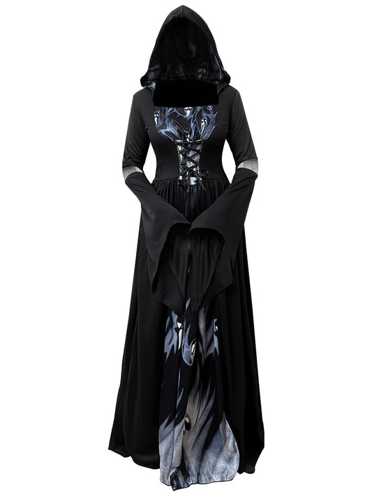 2026 New Halloween Witch Dress Hooded Skeleton Witch Magician Cosplay Stage Performance Costume